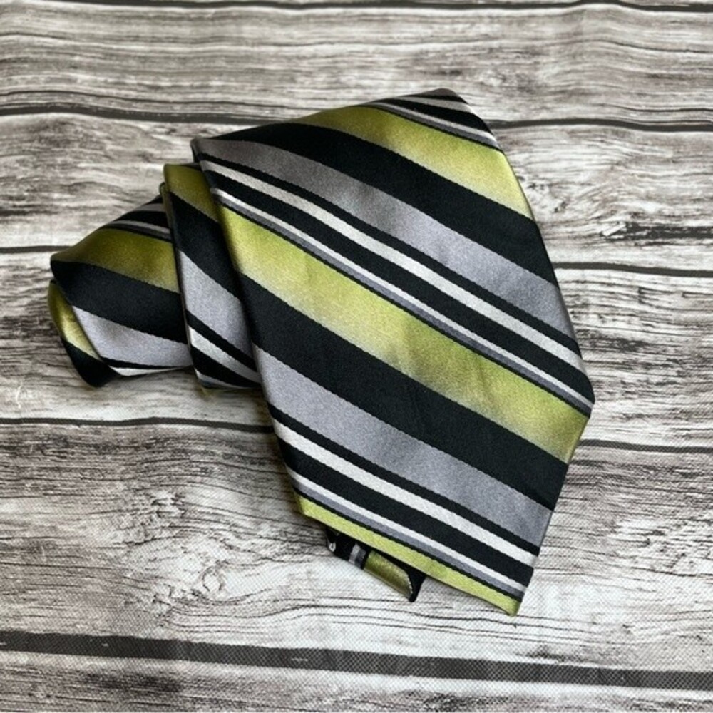 King Size Men's XL Extra Long Silk Tie Green Grey Black Striped Big Tall